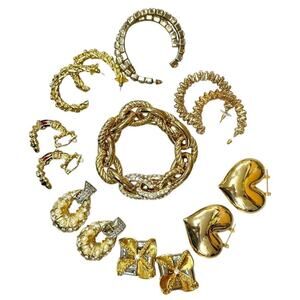80s VTG Jewelry Lot 7 pr earrings 1 bracelet Gold Tone Rhinestones Hoops Hearts